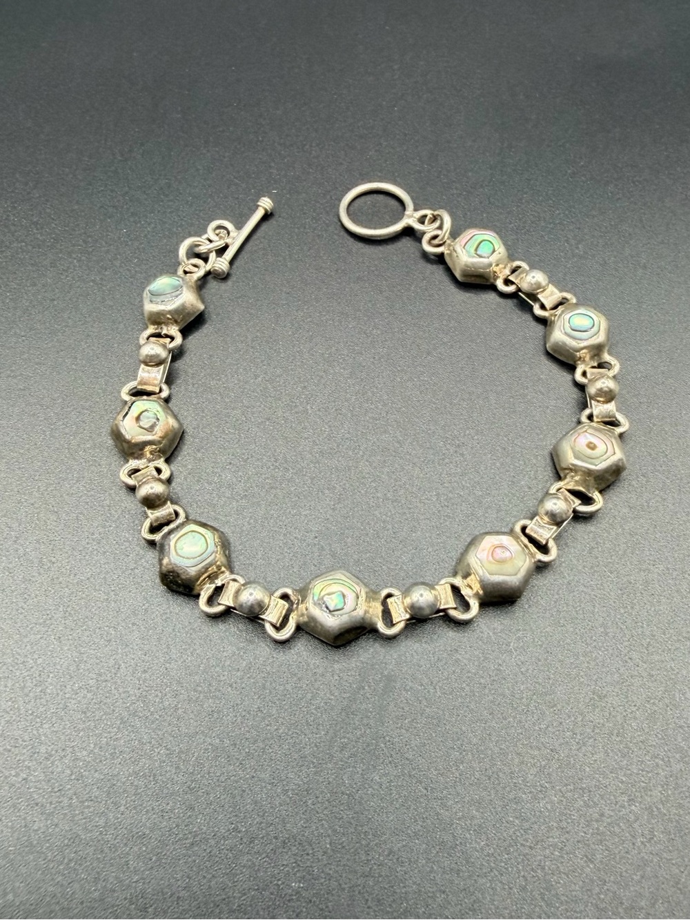 Mexico 925 Sterling Silver Abalone Link Bracelet Stamped 6 3/4 IN Women’s